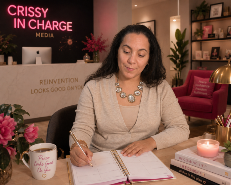 Crissy planning at the Reset Studio desk with an open weekly planner, tea or coffee and soft morning light. Relaxed posture, not staged productivity. Include visible open space on the planner.